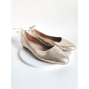 New Stuart Weitzman Ballet Flats 5 Gold Metallic Snakeskin Bow Tieback Luxury